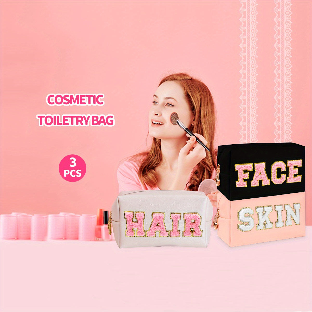 3pcs Letter Embroideried Makeup Bag, Toiletry Storage Bag with Zipper, Travel Organizer for Light Beige, Hair, And Face Care
